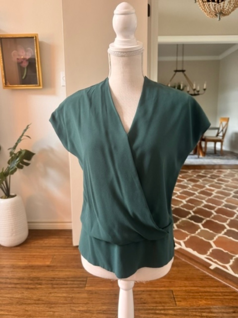 M.M. LaFleur Dark Green Cap Sleeve Faux Wrap Blouse Size. Small
